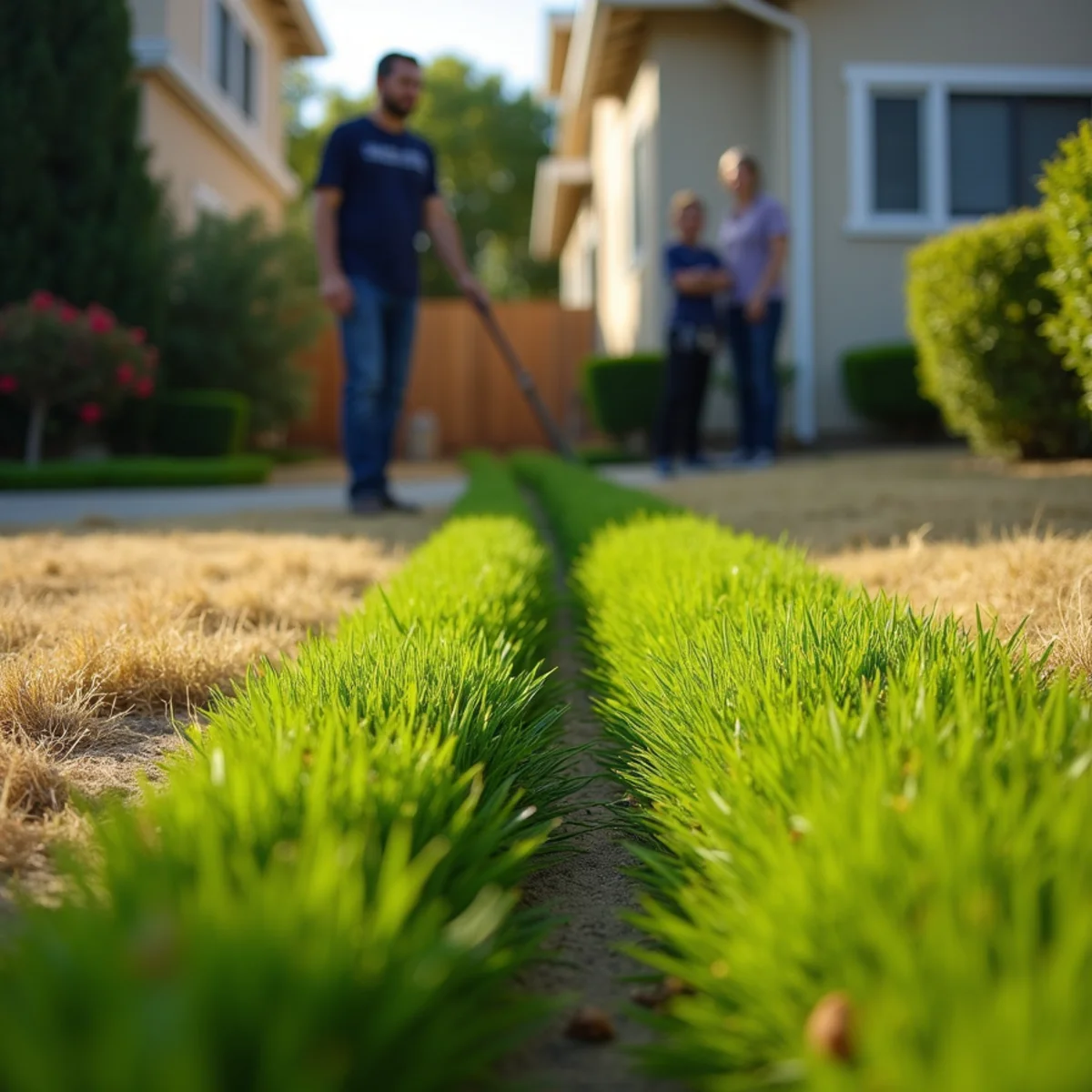 Strip of unusually green grass across a dry front lawn above a leaking service line