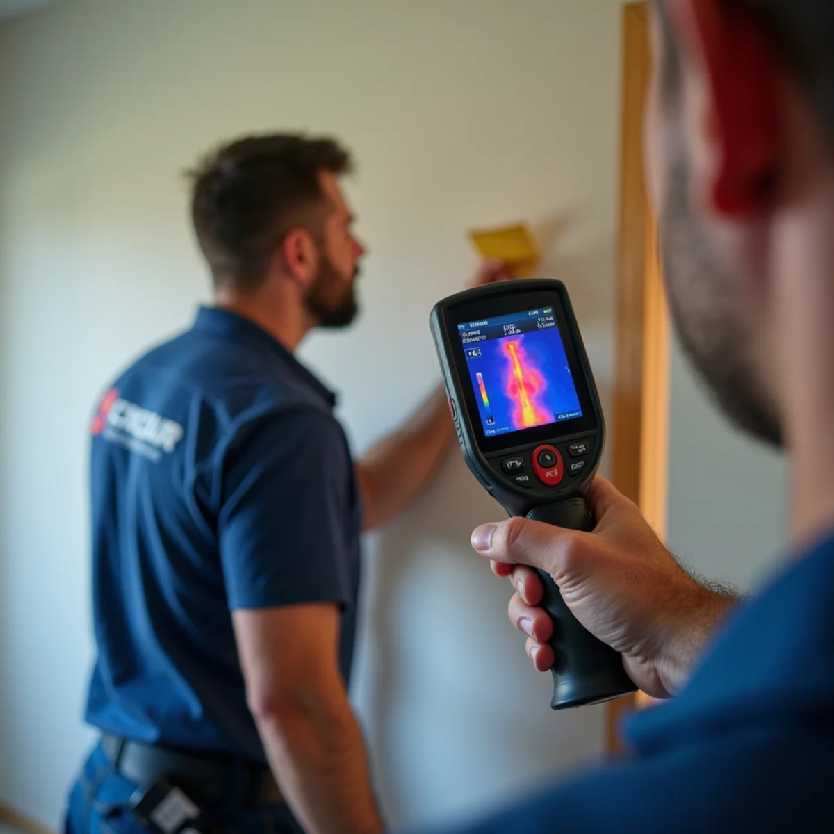 Thermal imaging camera revealing a hidden water leak behind a wall in an Upland, CA home