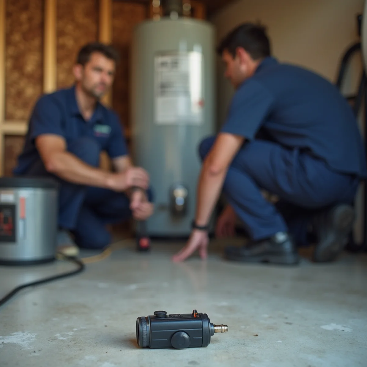 Smart water leak sensor placed beside a water heater in a Rancho Cucamonga garage