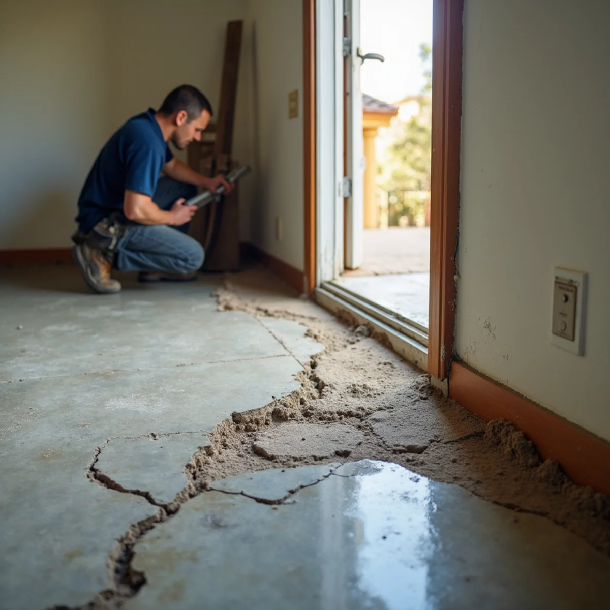 Cracked concrete slab and shifted door frame in a south Fontana home on expansive clay soil