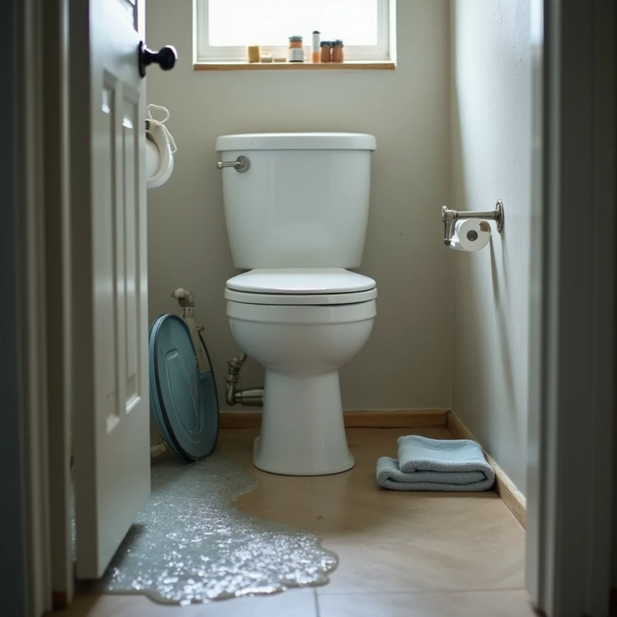 Bathroom floor after a toilet overflow in a Rancho Cucamonga home