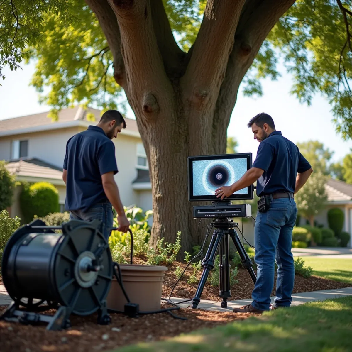 Sewer camera inspection revealing root intrusion in a clay lateral in Claremont, CA
