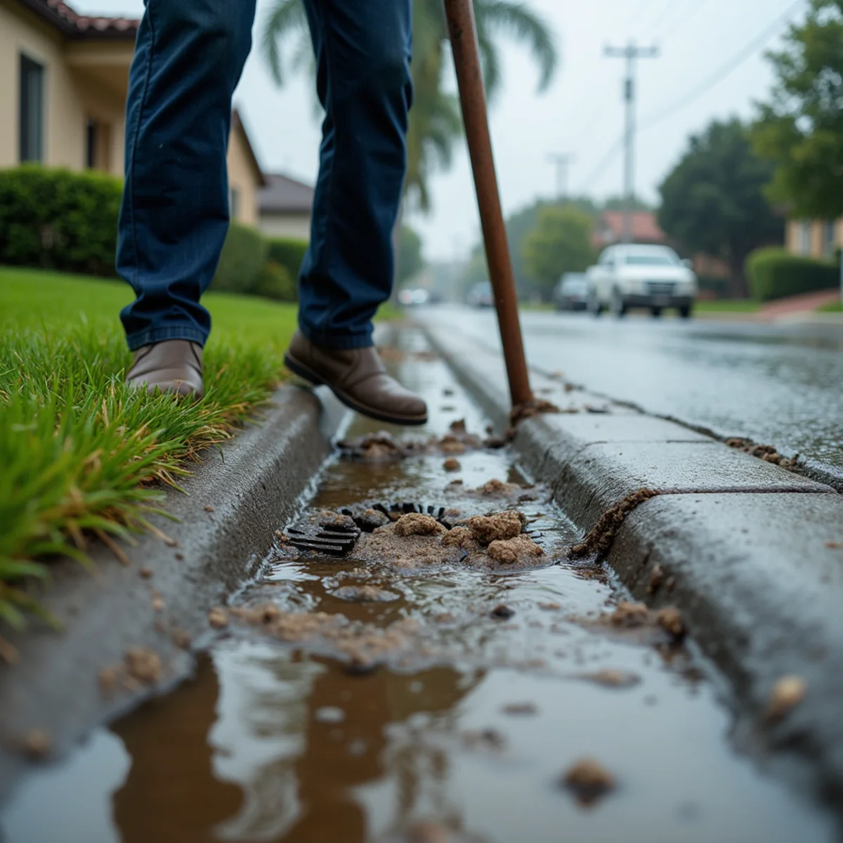Flash flood runoff and debris on a San Bernardino County street after a major storm