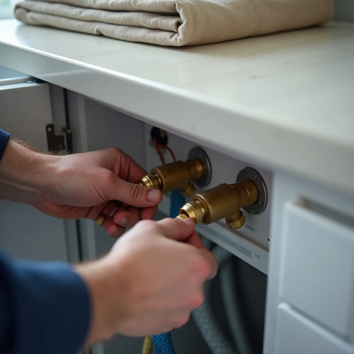 Hand closing the hot and cold supply valves behind a washing machine