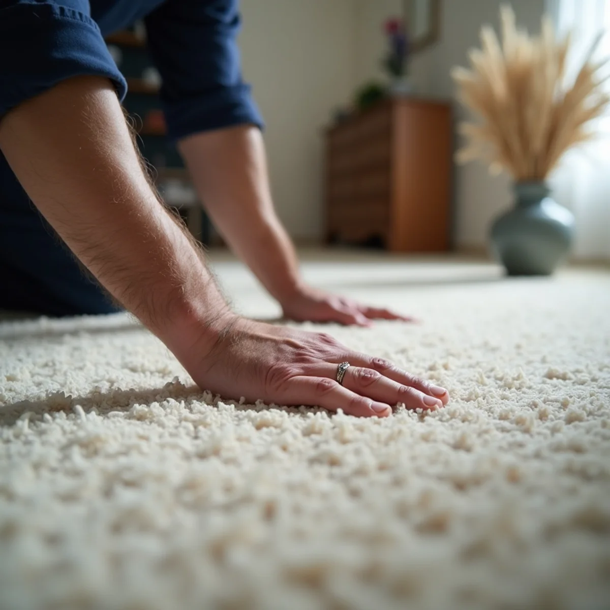 Hand pressing carpet in a hallway to check how far water has wicked from a laundry room