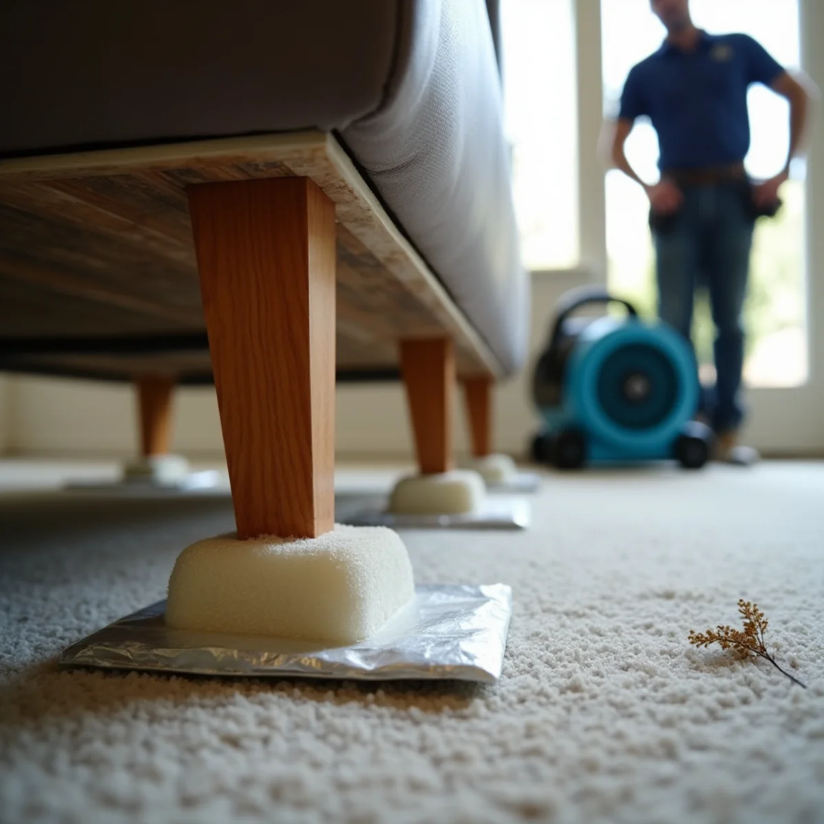 Furniture legs raised on blocks above a wet floor during water damage mitigation