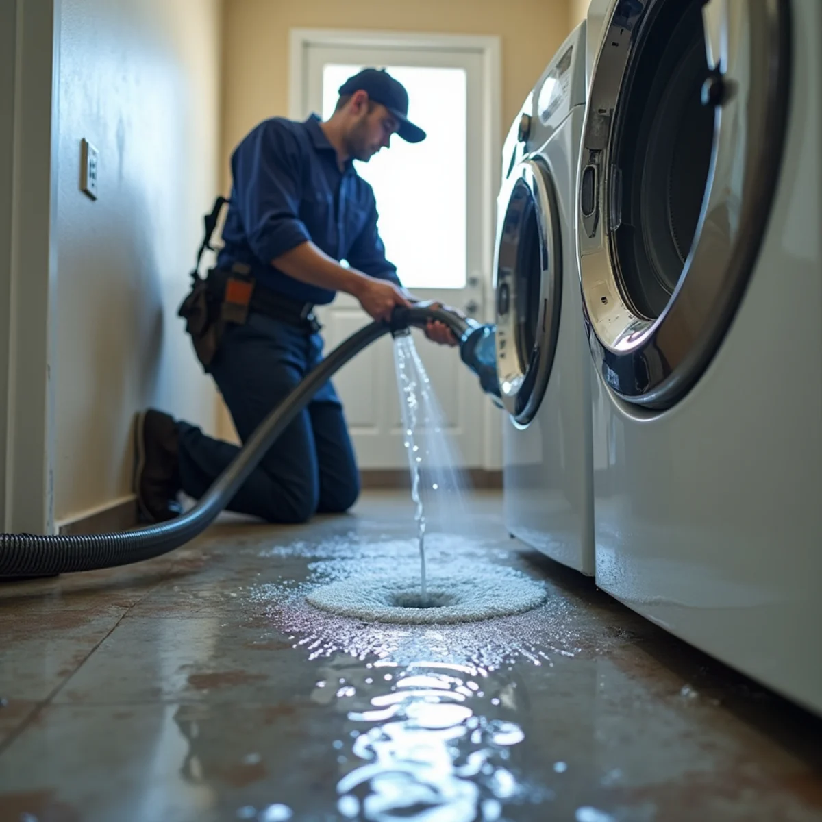 Burst washing machine supply hose flooding a laundry room in a Rancho Cucamonga home