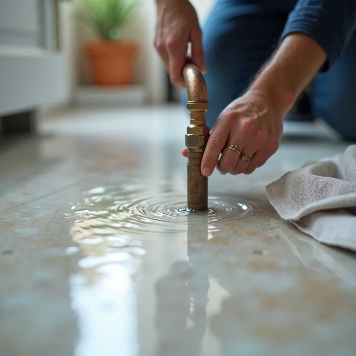 Clean water from a failed supply line spreading across a tile floor