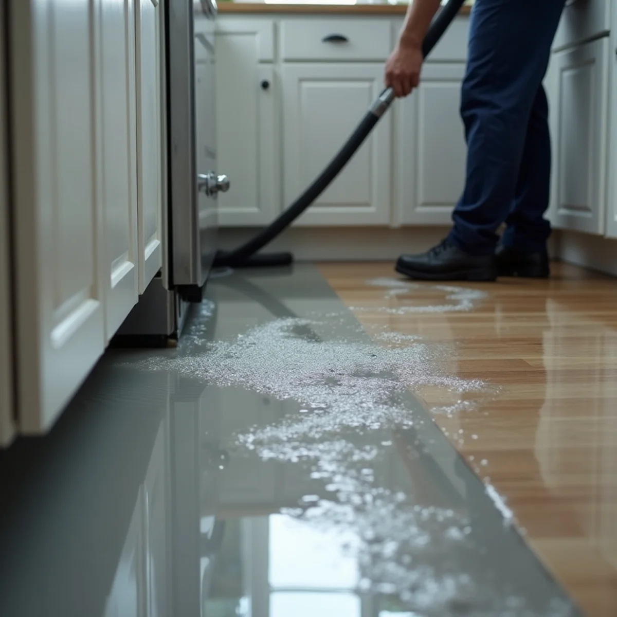 Grey water from a dishwasher discharge across a kitchen floor