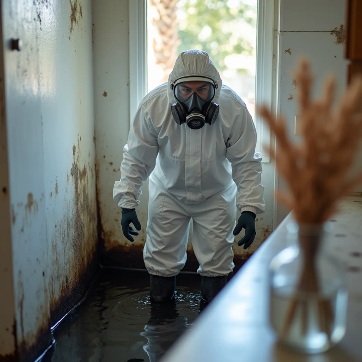 Technician in full PPE working inside containment on a Category 3 water loss