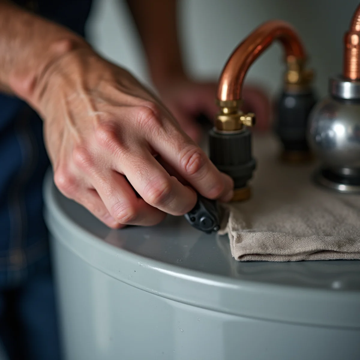 Hand closing the cold water inlet shut-off valve on a garage water heater