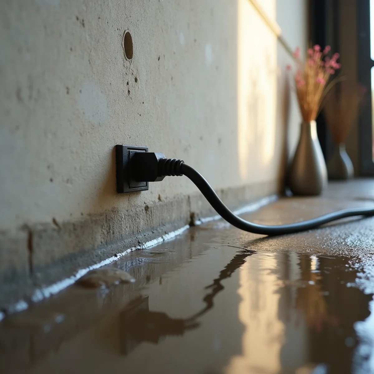 Standing water reaching a garage electrical outlet and extension cord