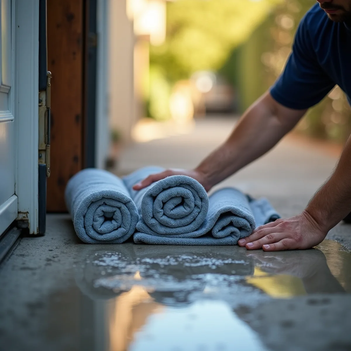 Towels damming the interior doorway of a flooded garage to stop water reaching the house