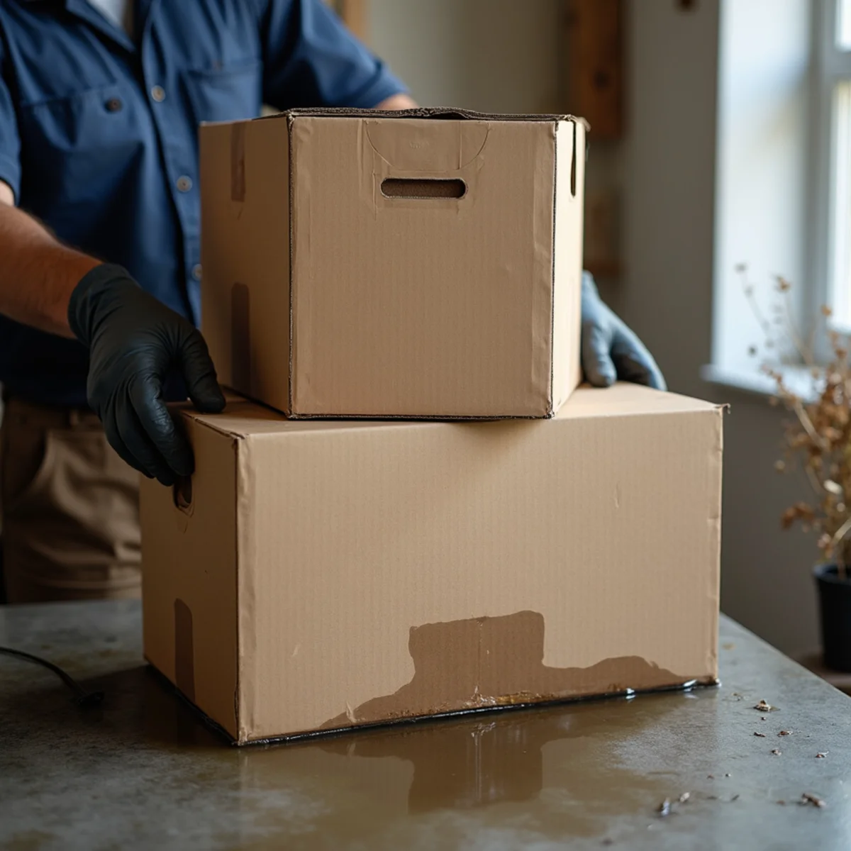 Soaked cardboard storage boxes being lifted off a wet garage floor