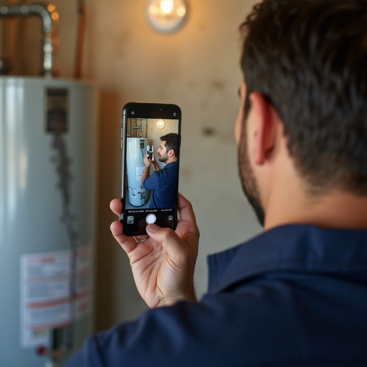 Homeowner photographing a failed water heater and the water line on the garage wall