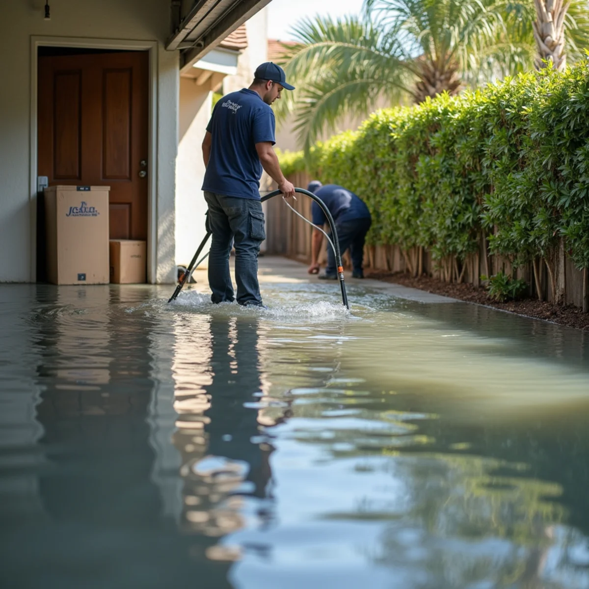 Water pooling across a garage floor from a failed water heater in a Rancho Cucamonga home