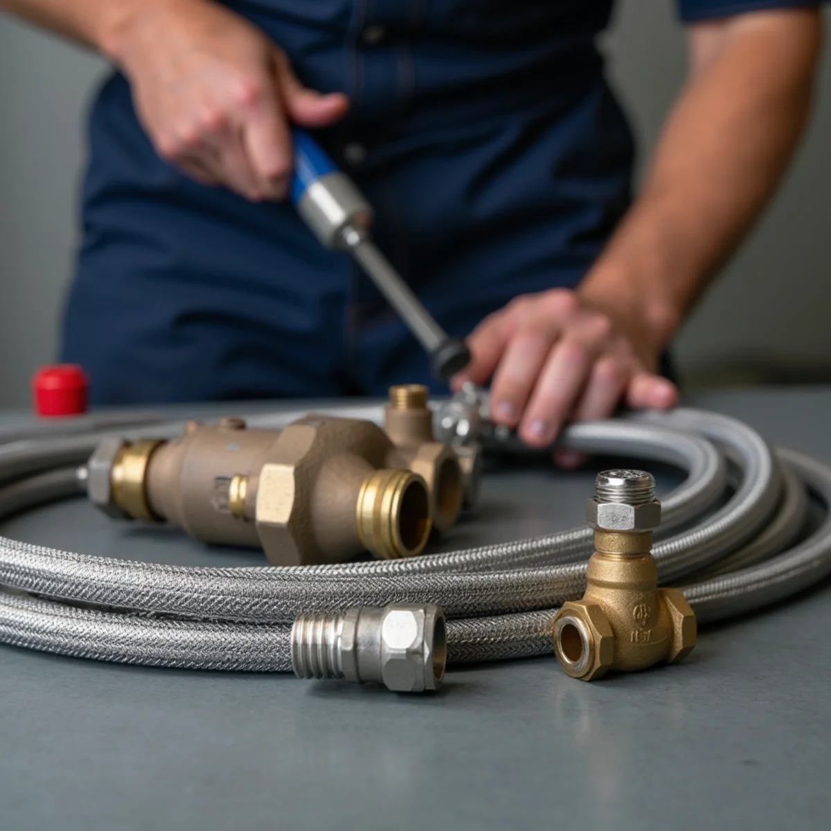 New braided stainless steel supply lines fitted under a sink in a Rancho Cucamonga home