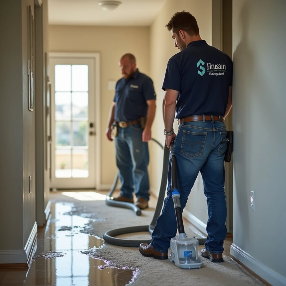 Weighted sub-surface extraction tool pulling water from carpet and pad in a Rancho Cucamonga home