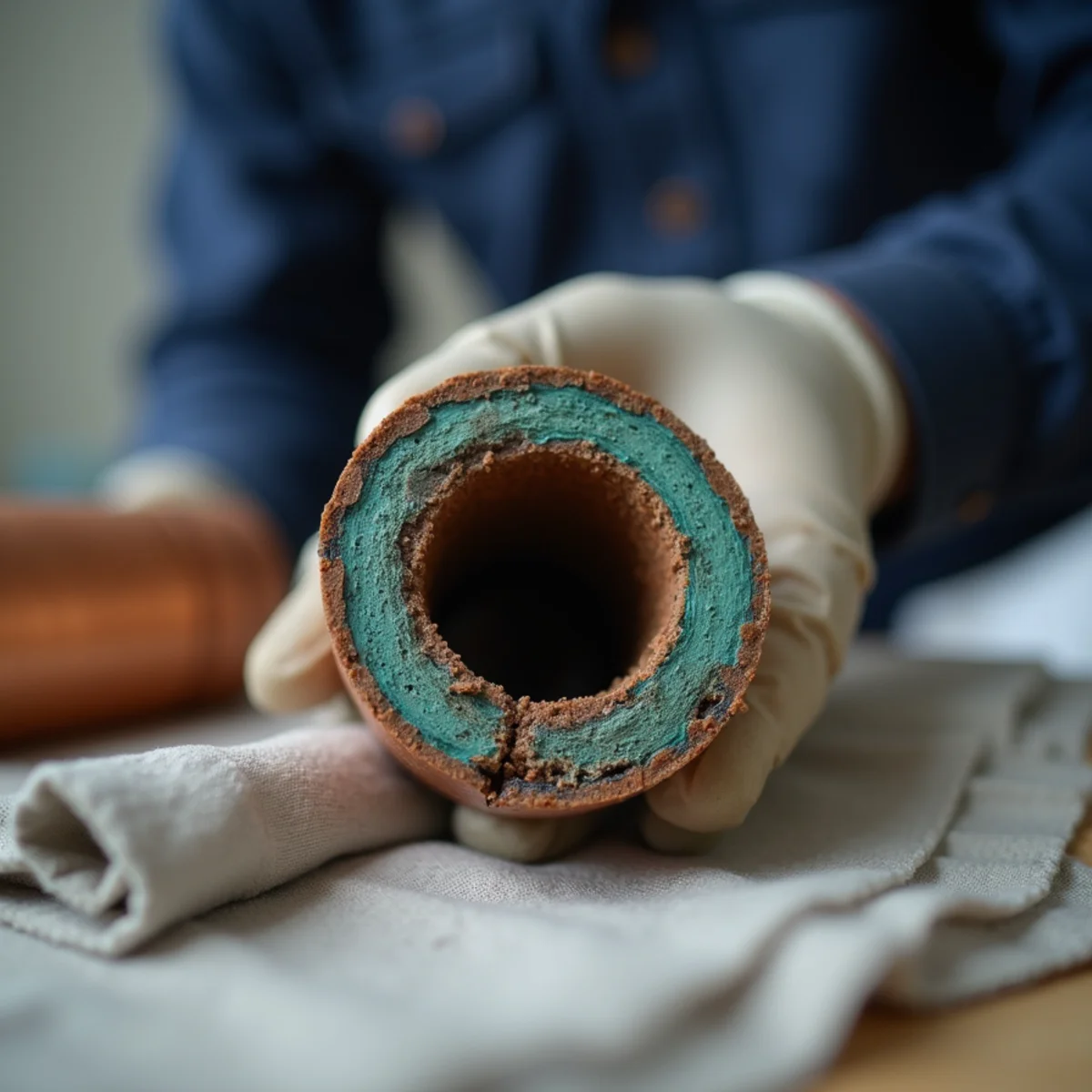 Failed copper supply line with a pinhole leak photographed as insurance evidence in a Rancho Cucamonga home