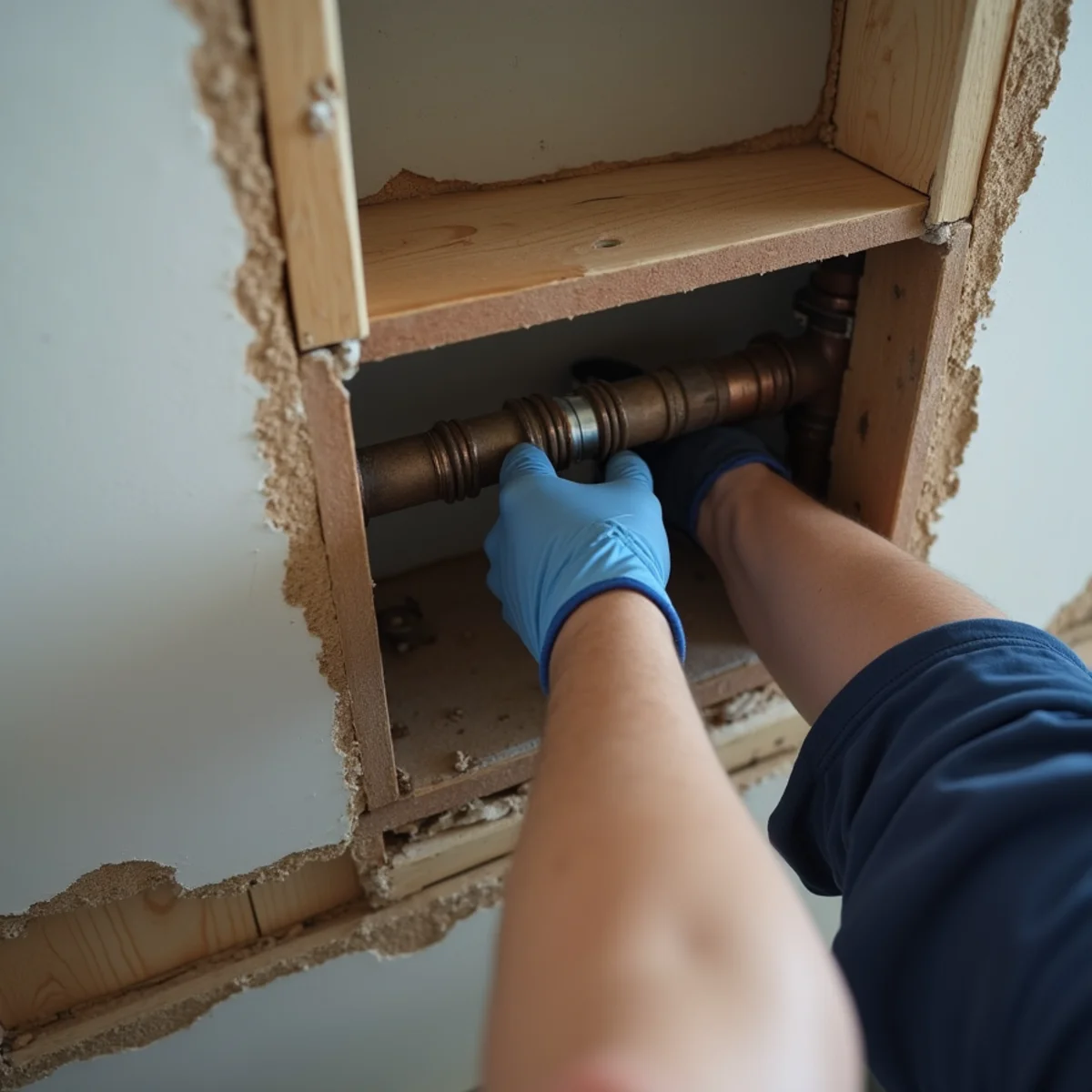 Water damage crew cleaning up after a burst copper pipe flooded a Rancho Cucamonga home's hallway