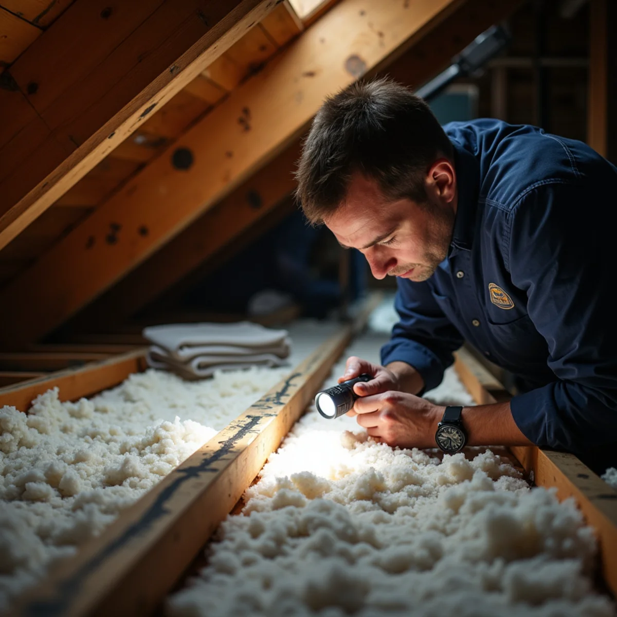 Technician tracing a roof leak back along attic framing above a water-stained ceiling in Rancho Cucamonga
