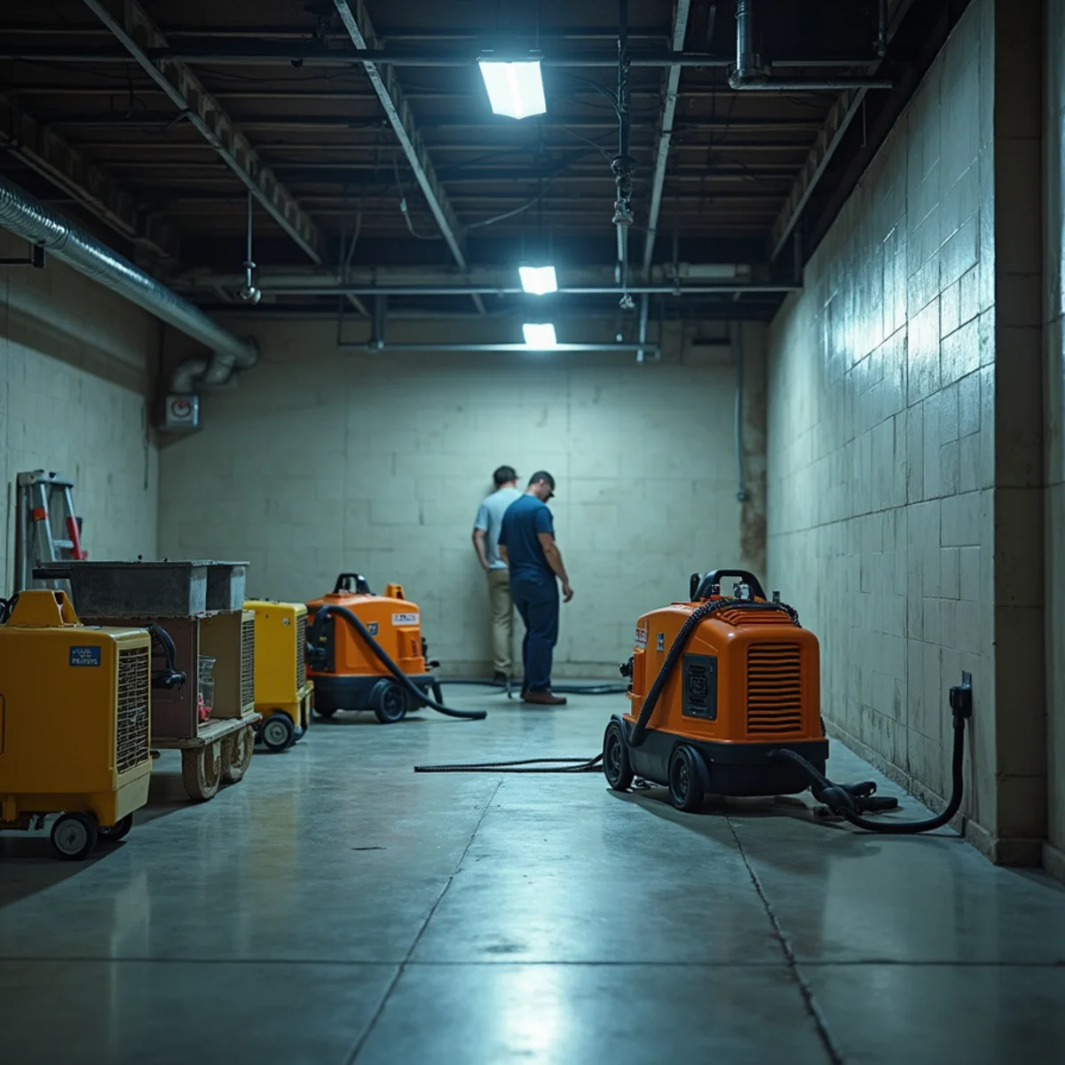 Commercial water damage restoration crew drying a Rancho Cucamonga retail space overnight