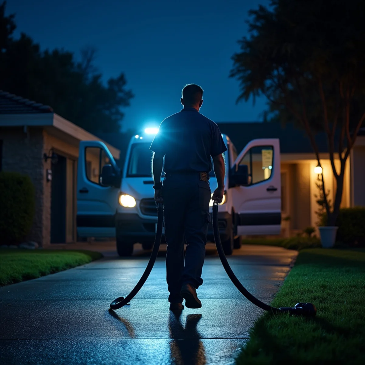 RC Water Pros crew unloading extraction equipment at a Rancho Cucamonga home at night