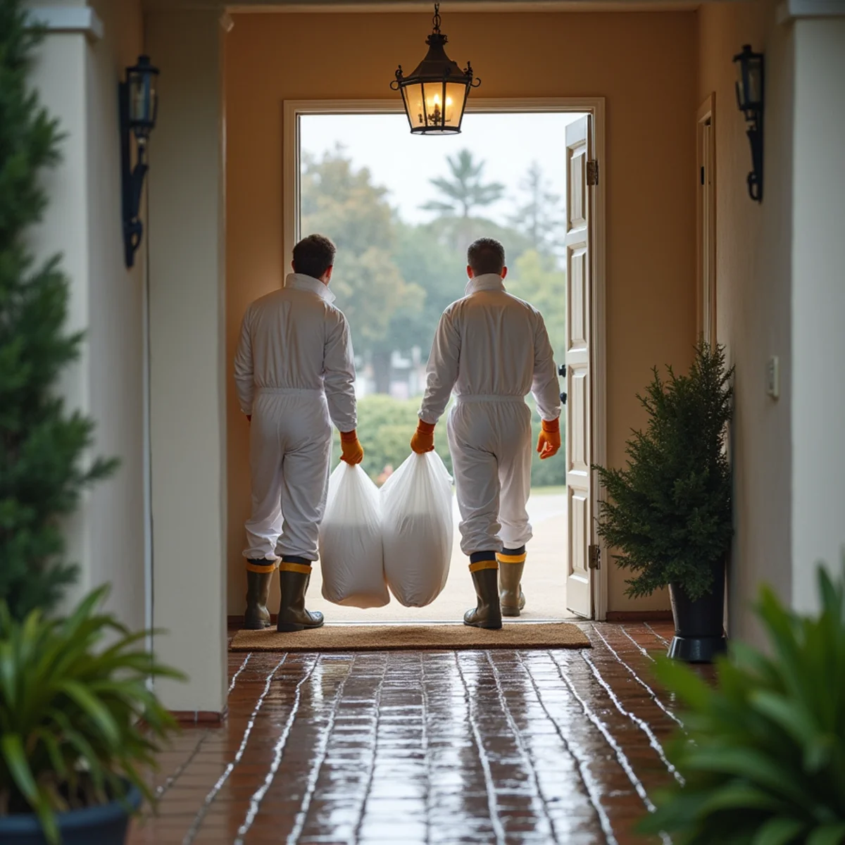 Flood cleanup crew removing water and damaged materials from a flooded Rancho Cucamonga home after a winter storm