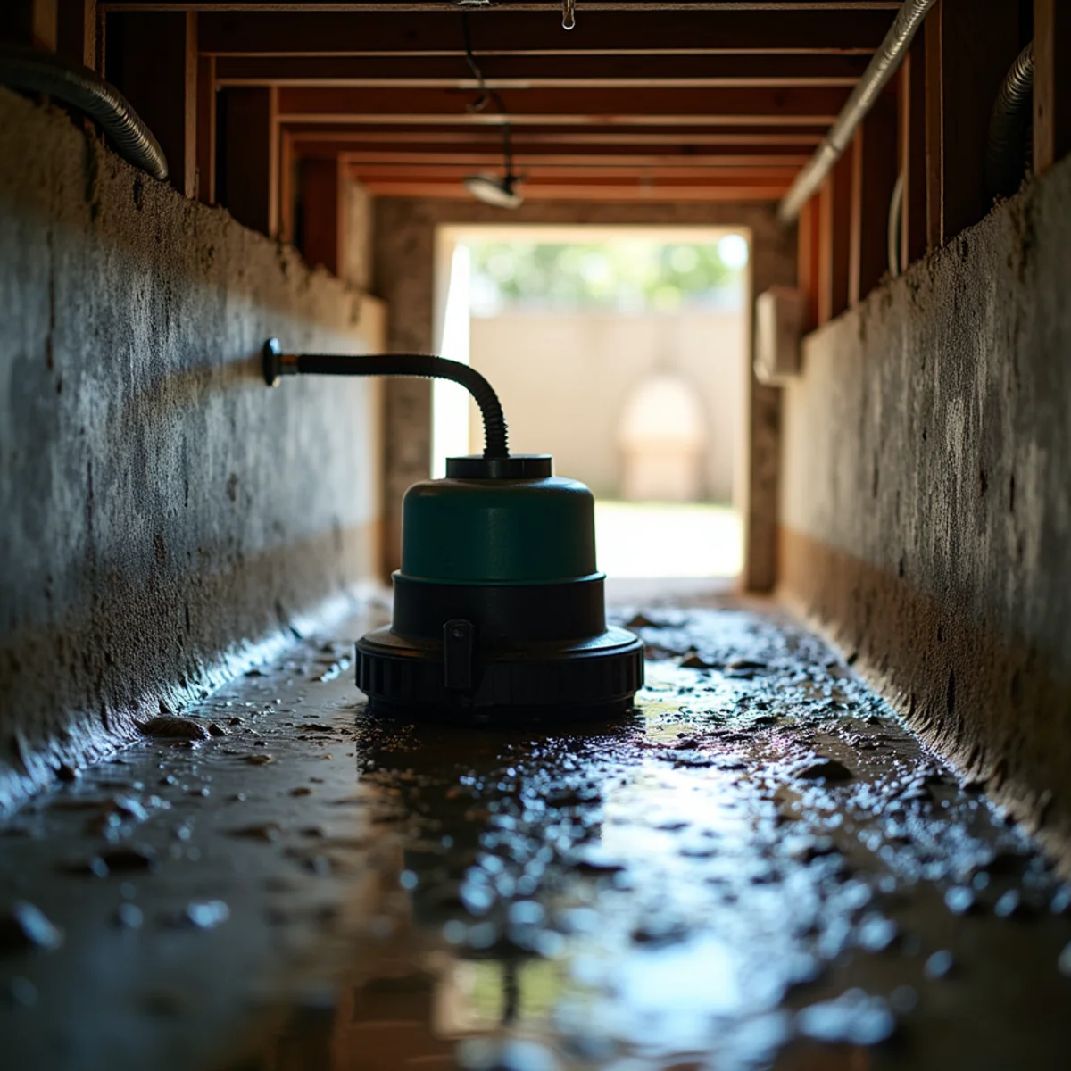 Technician pumping standing water from a crawl space beneath a Rancho Cucamonga home
