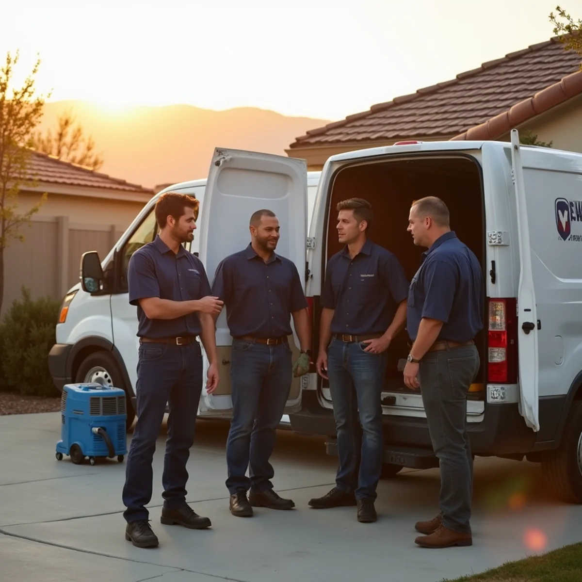 RC Water Pros restoration technicians with equipment outside a Rancho Cucamonga home