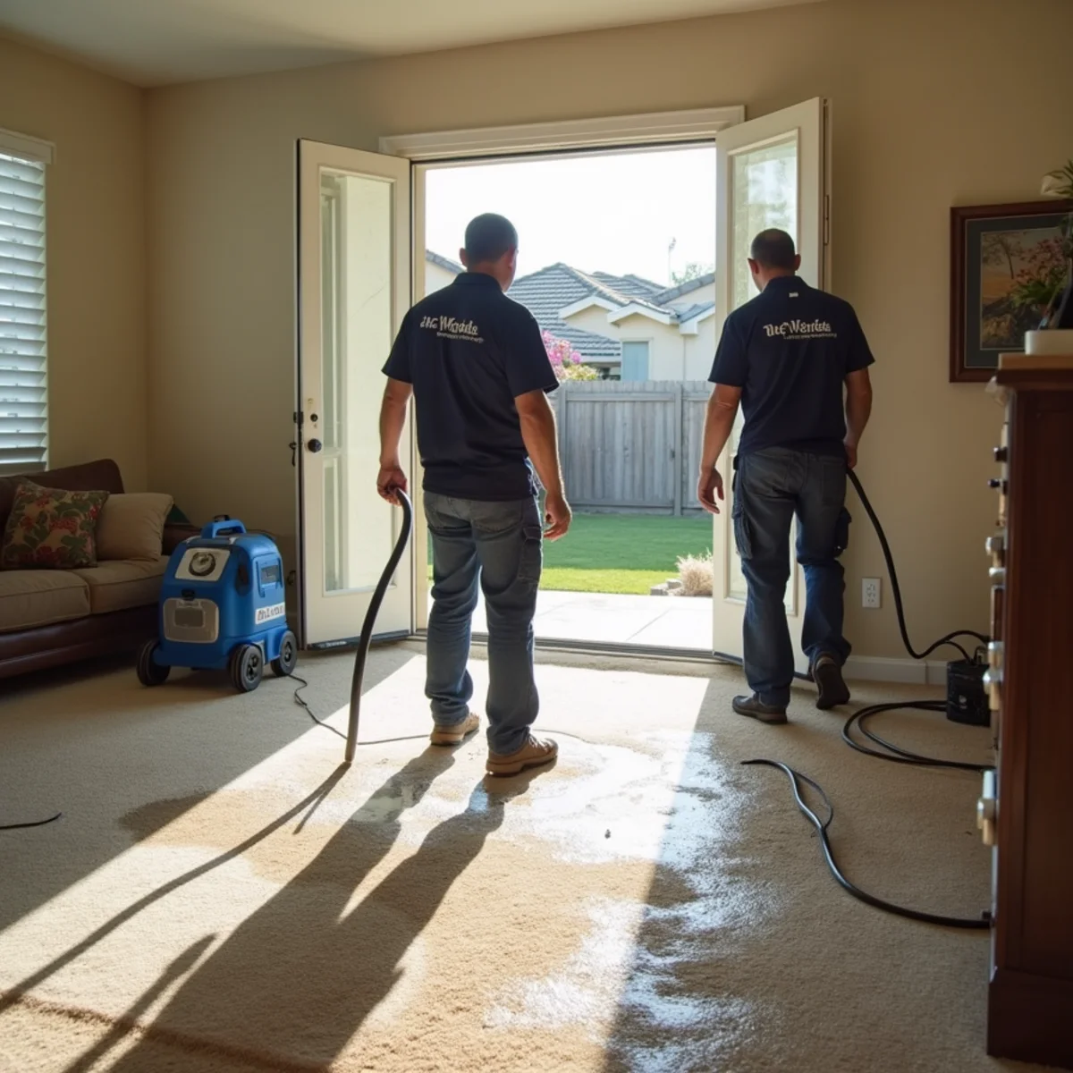 Water damage restoration crew extracting water from a flooded Rancho Cucamonga home