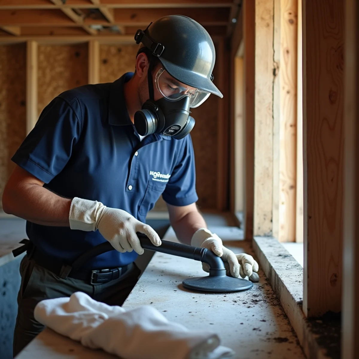 Technician HEPA-vacuuming framing inside a sealed containment chamber during mold remediation