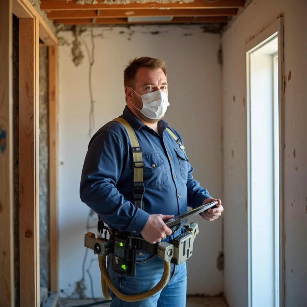 Mold remediation technician working inside a sealed containment barrier in a Rancho Cucamonga home