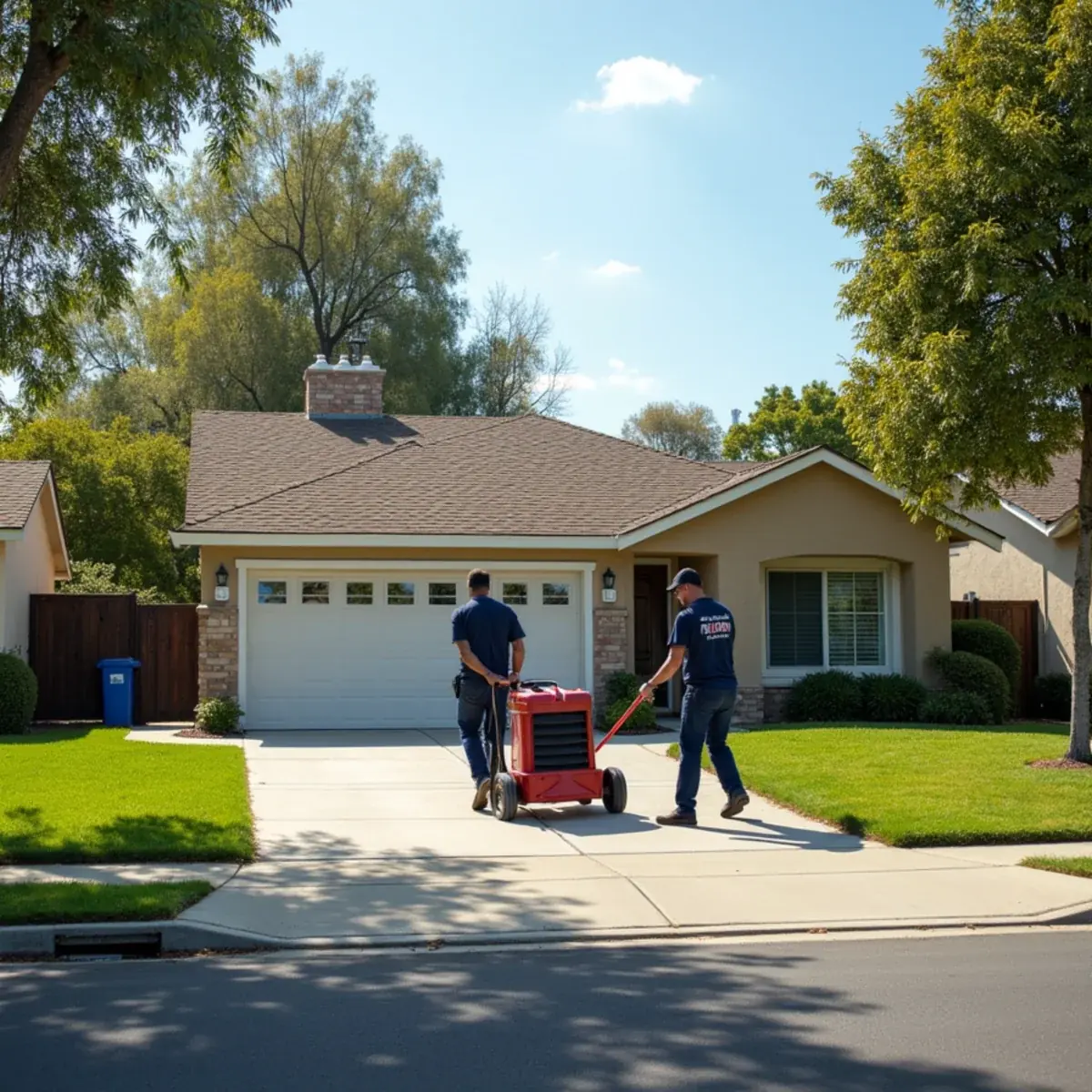 Water damage restoration crew at a home near Rancho Cucamonga's Central Park sports complex, CA