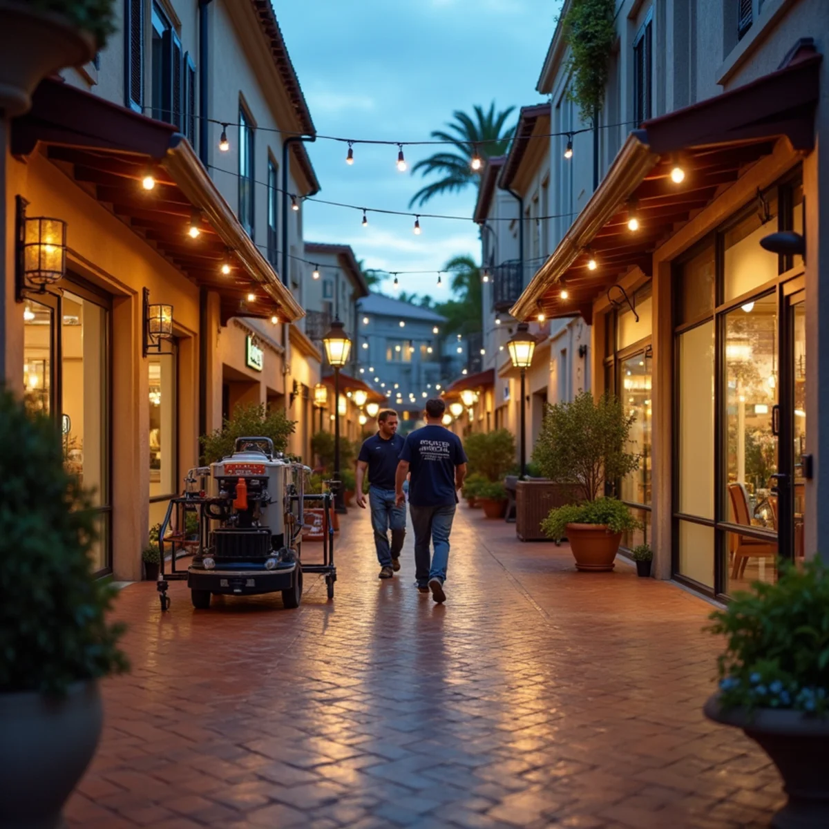 Commercial water damage restoration crew working overnight in a retail suite at Victoria Gardens, Rancho Cucamonga, CA