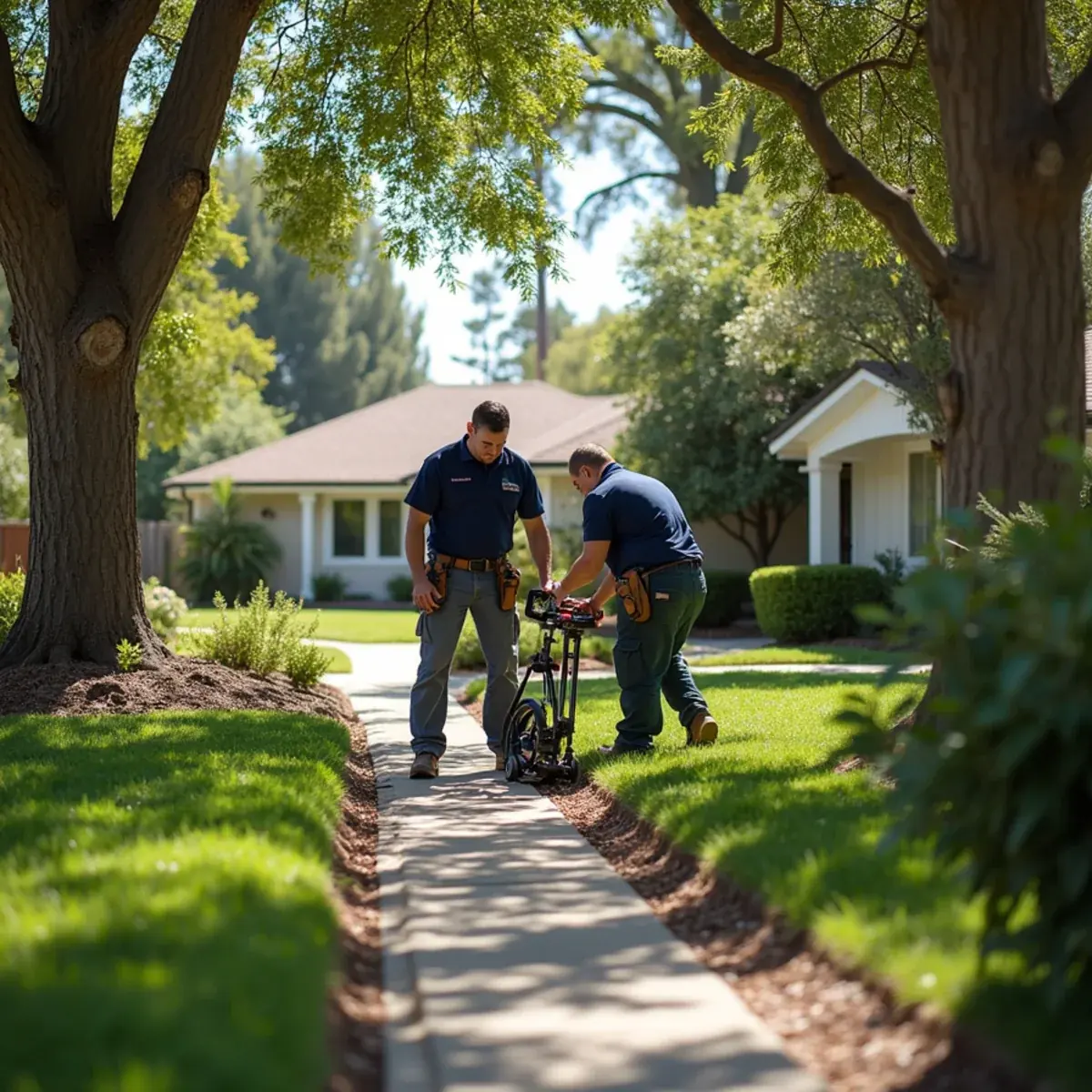 Restoration crew at a home with mature landscaping in the Victoria Groves neighborhood of Rancho Cucamonga, CA