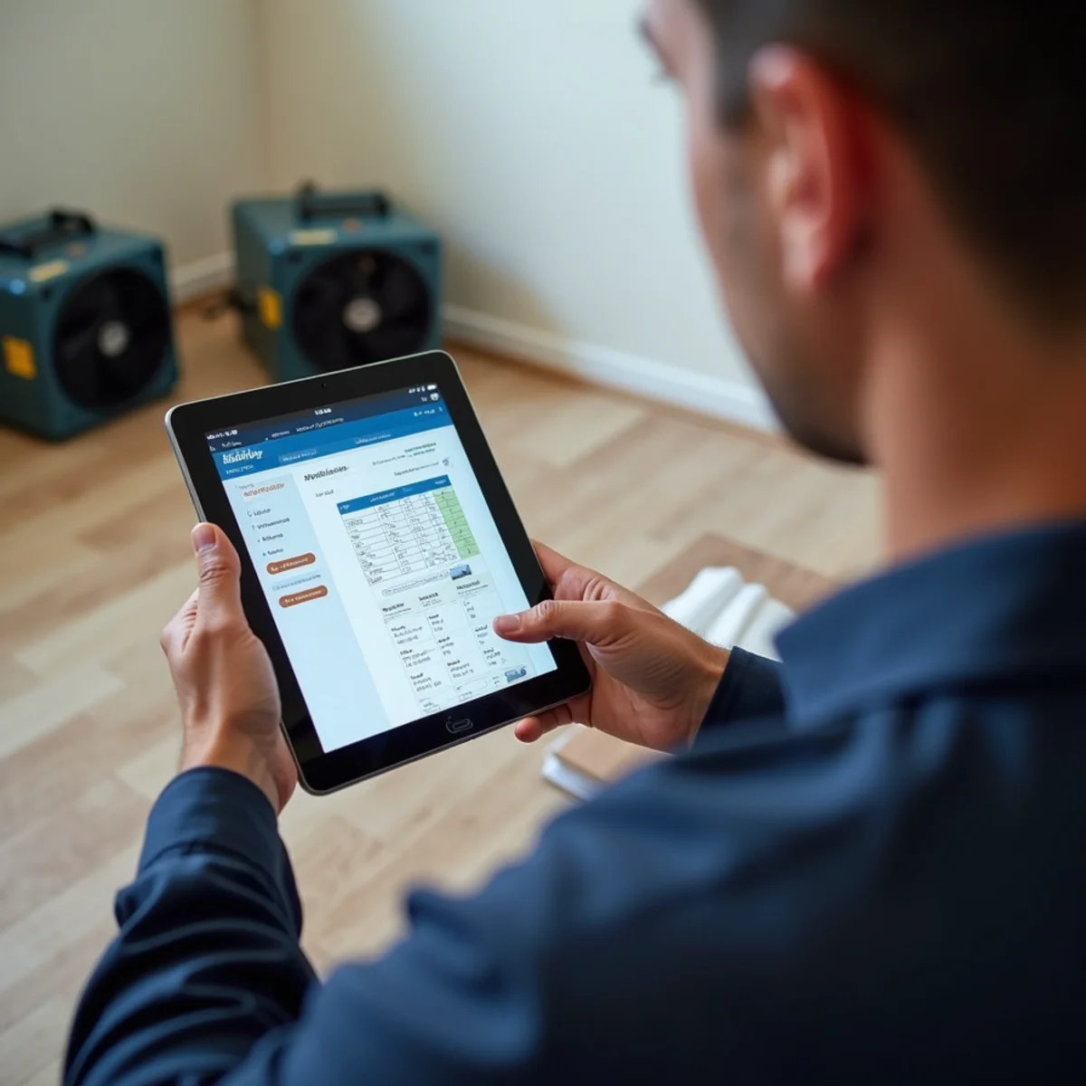Technician showing a Rancho Cucamonga homeowner the daily moisture readings on a tablet