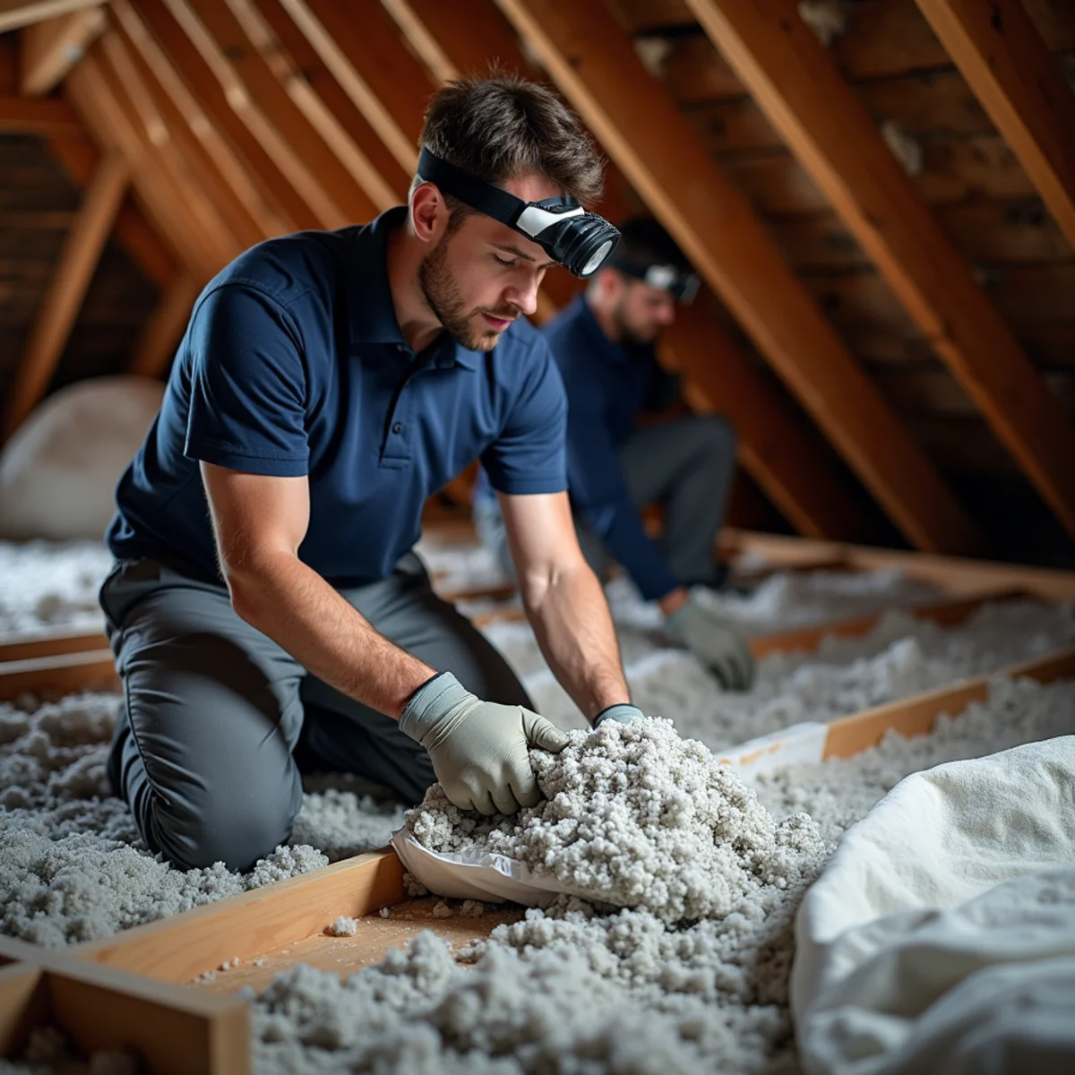 Technician bagging saturated blown-in attic insulation after a roof leak in Rancho Cucamonga