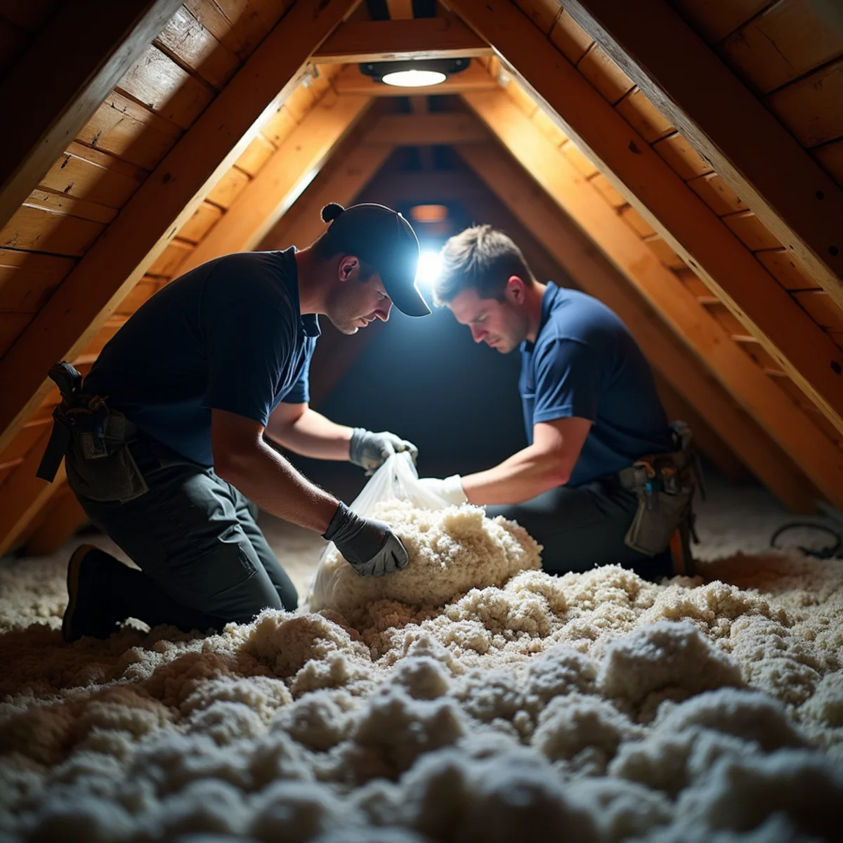 Water-damaged attic insulation being removed after a roof leak in a Rancho Cucamonga home