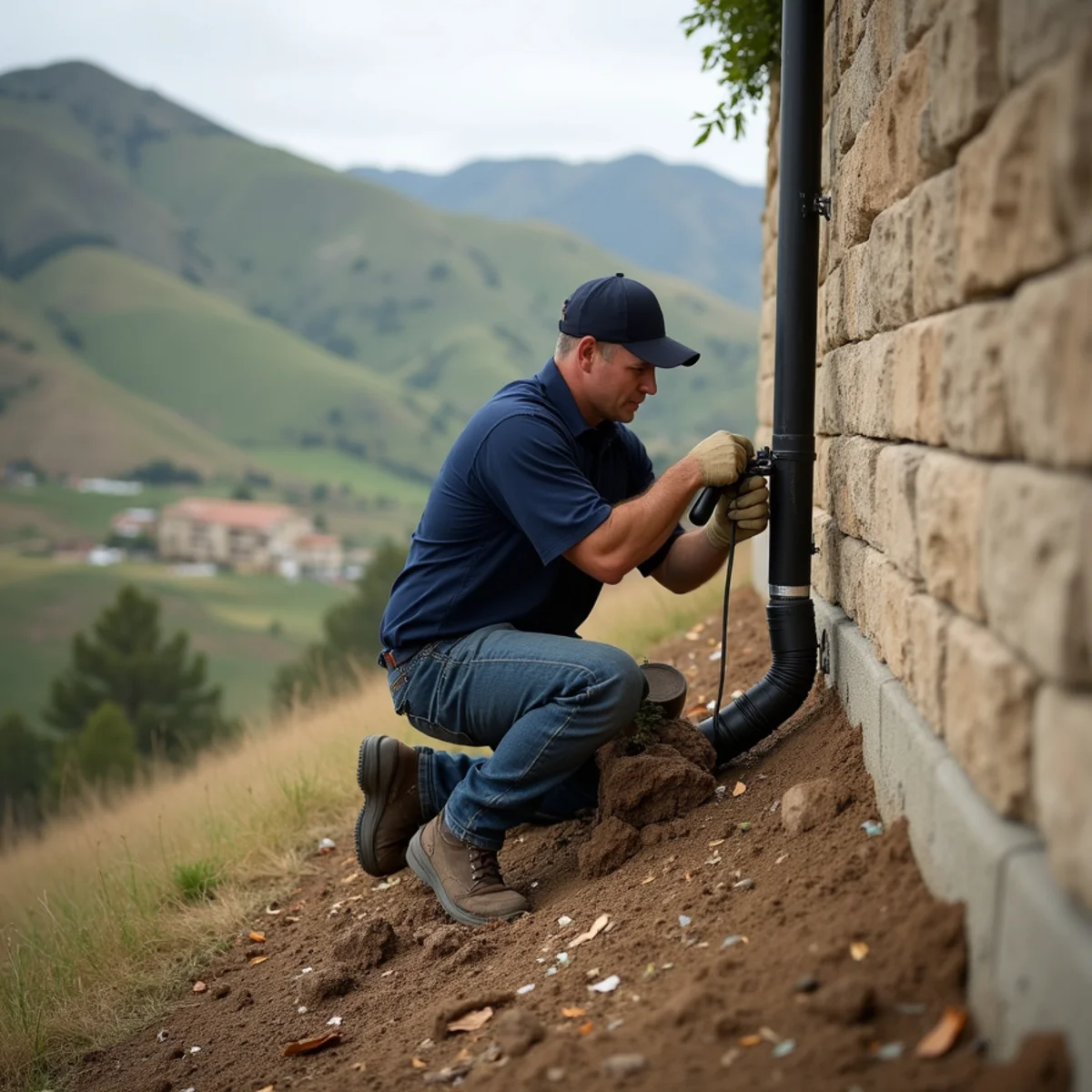 Water damage restoration technician at a hillside home in Chino Hills, CA after slope water intrusion