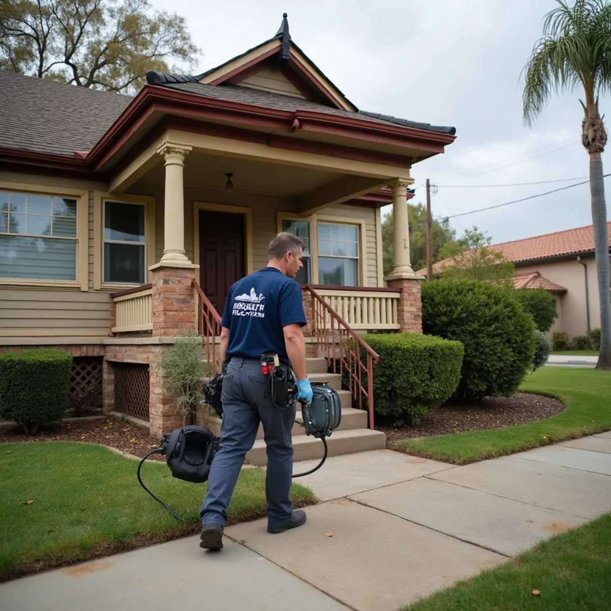 Water damage restoration technician at an older home in historic Colton, CA