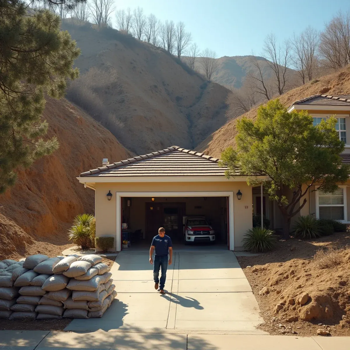 Restoration crew at a hillside home in Glendora, CA below a canyon burn-scar area