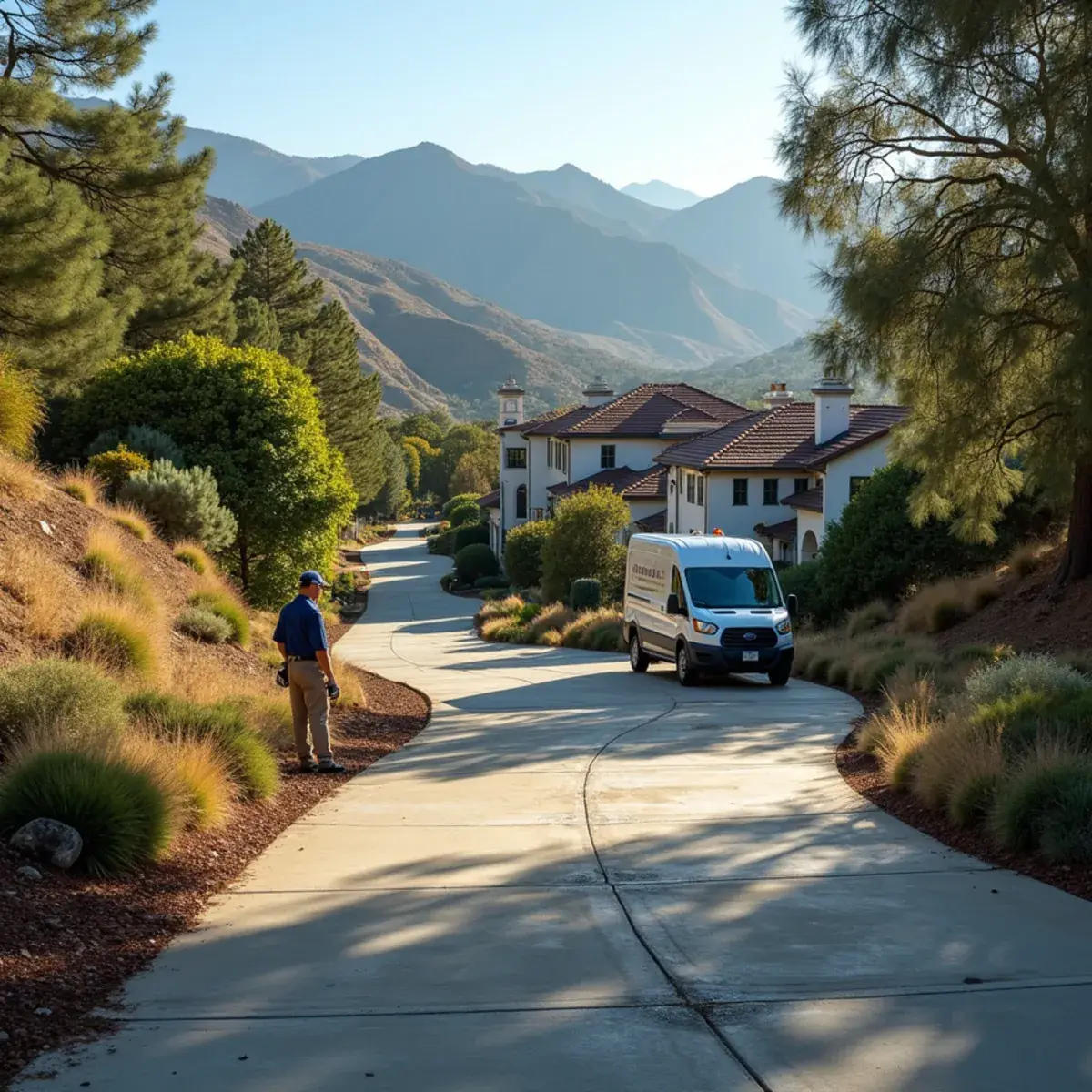Restoration crew at a large foothill estate home in San Antonio Heights, CA below the San Gabriel Mountains
