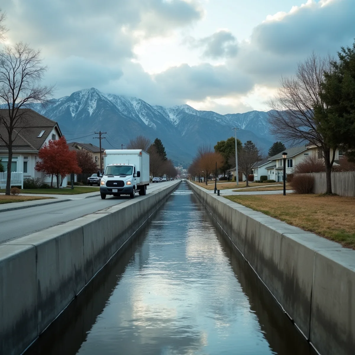 Water damage restoration crew working in a San Bernardino County home near the Cucamonga Creek flood control channel
