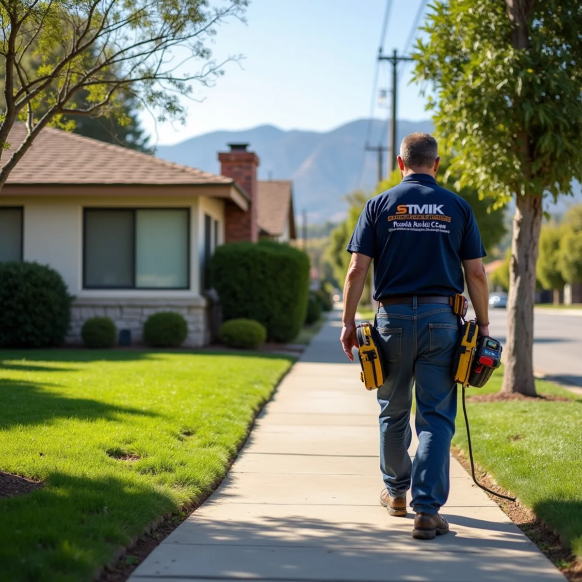Restoration technician assessing water damage in an older Upland, CA home with mature street trees