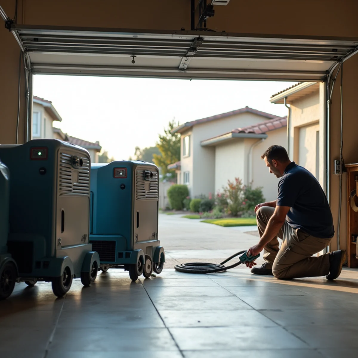 Water damage restoration equipment staged at a Rancho Cucamonga home