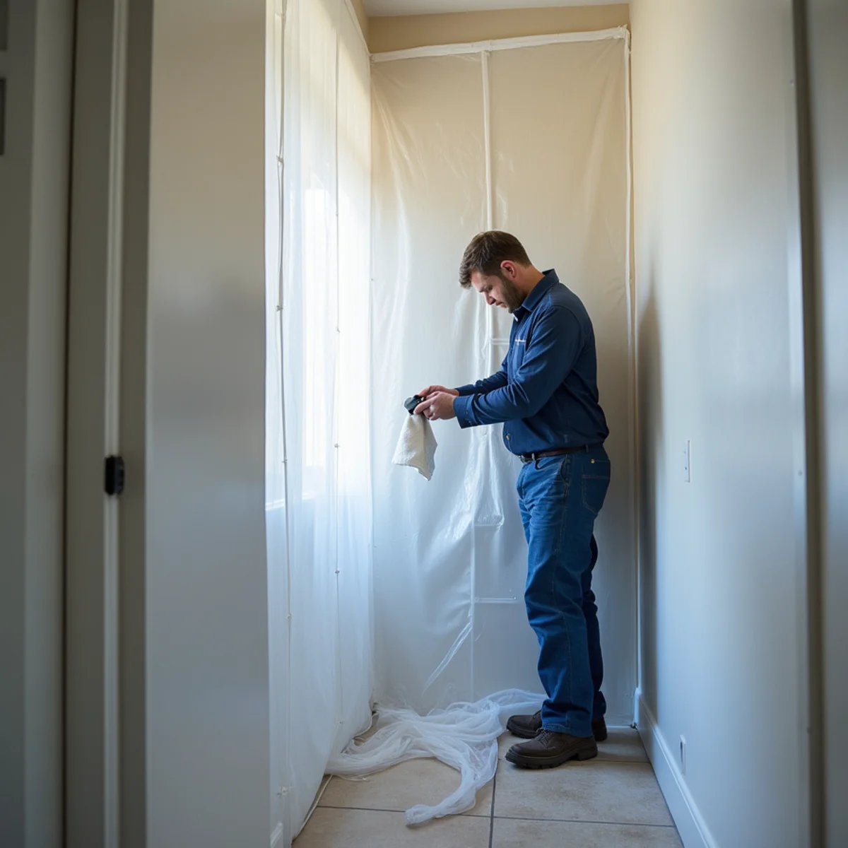 Sealed poly containment barrier and negative air machine set up for sewage cleanup in a Rancho Cucamonga home