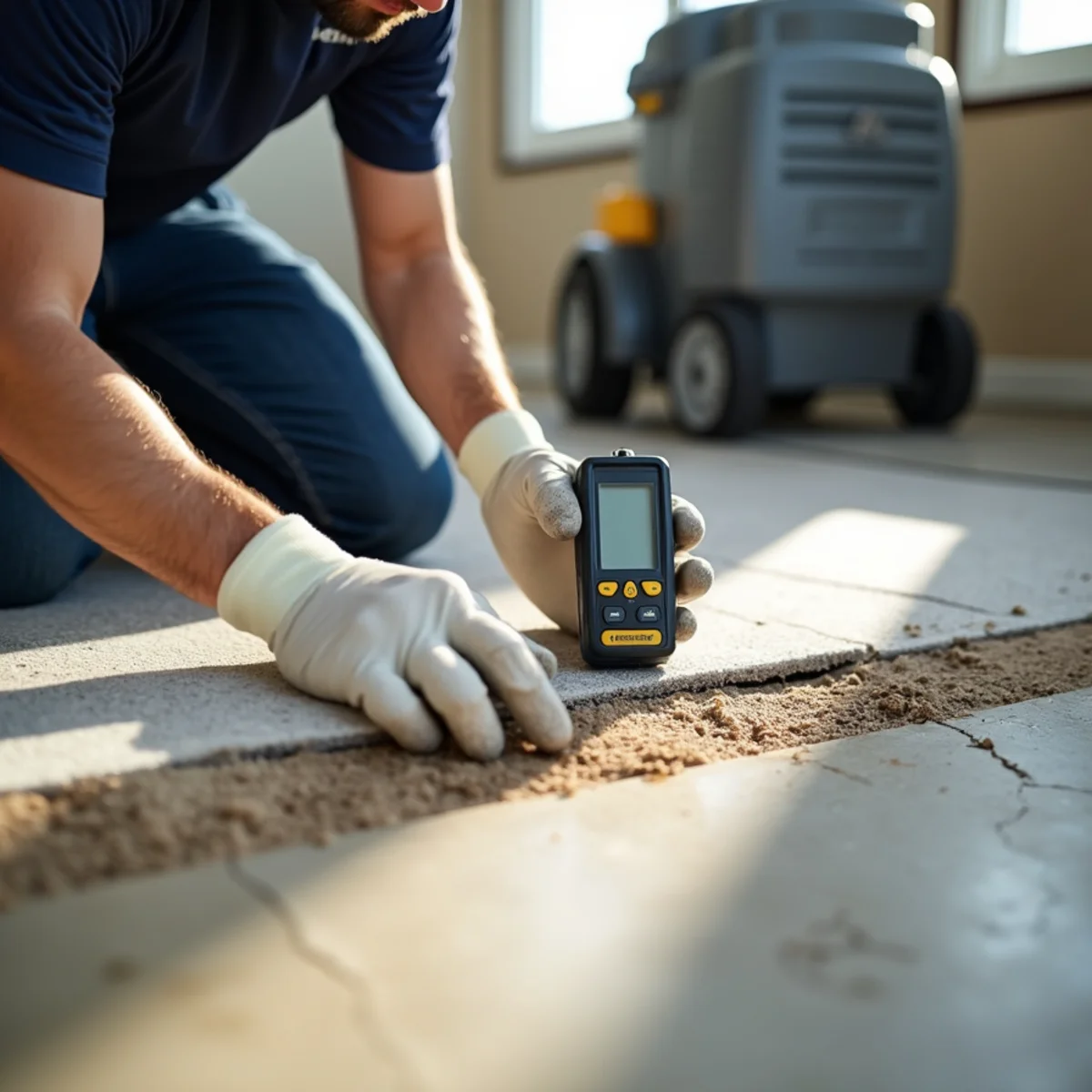 Moisture meter reading on a concrete slab floor during slab leak water damage restoration in Rancho Cucamonga