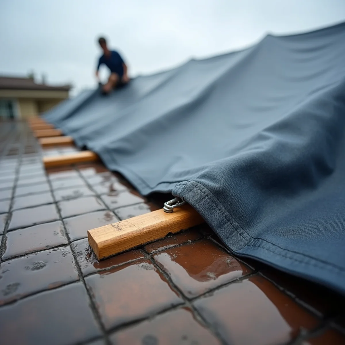 Crew battening down an emergency roof tarp on a storm-damaged Rancho Cucamonga home