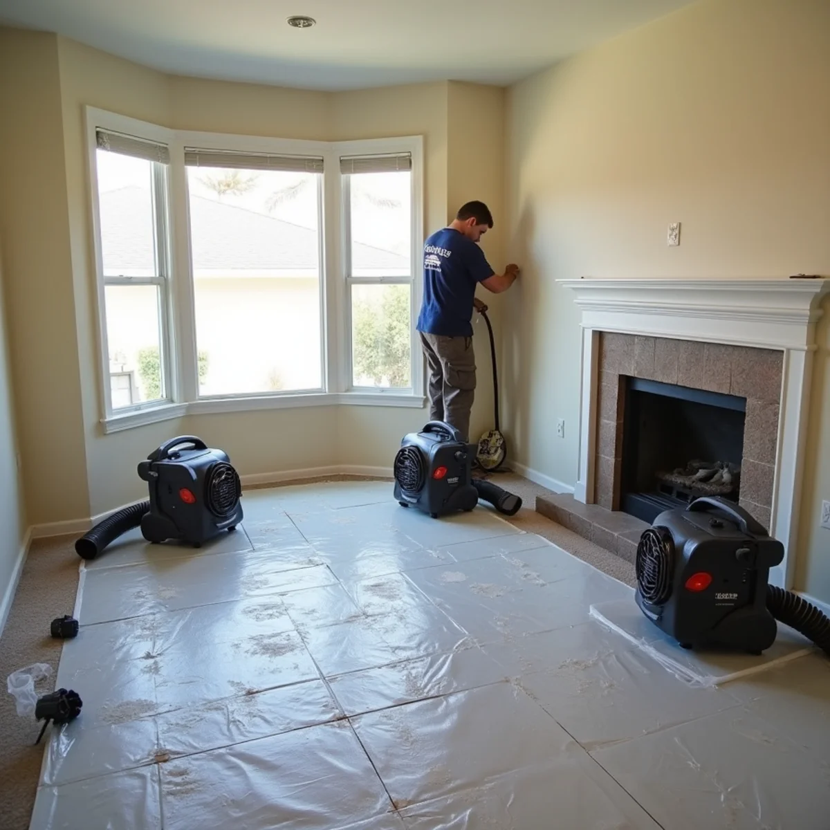 Commercial dehumidifiers and air movers drying a Rancho Cucamonga home's living room after water damage